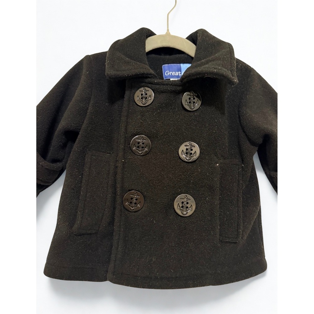 Great Guy Toddler Boys Black Fleece Pea Coat Anchor Buttons Nautical Jacket 12M
